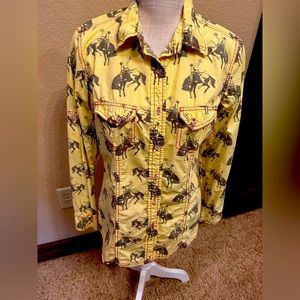 Barnfly bronc print western rodeo button up long sleeve shirt M made in USA